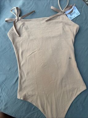 American Eagle Outfitters Beige Tie-Shoulder Bodysuit